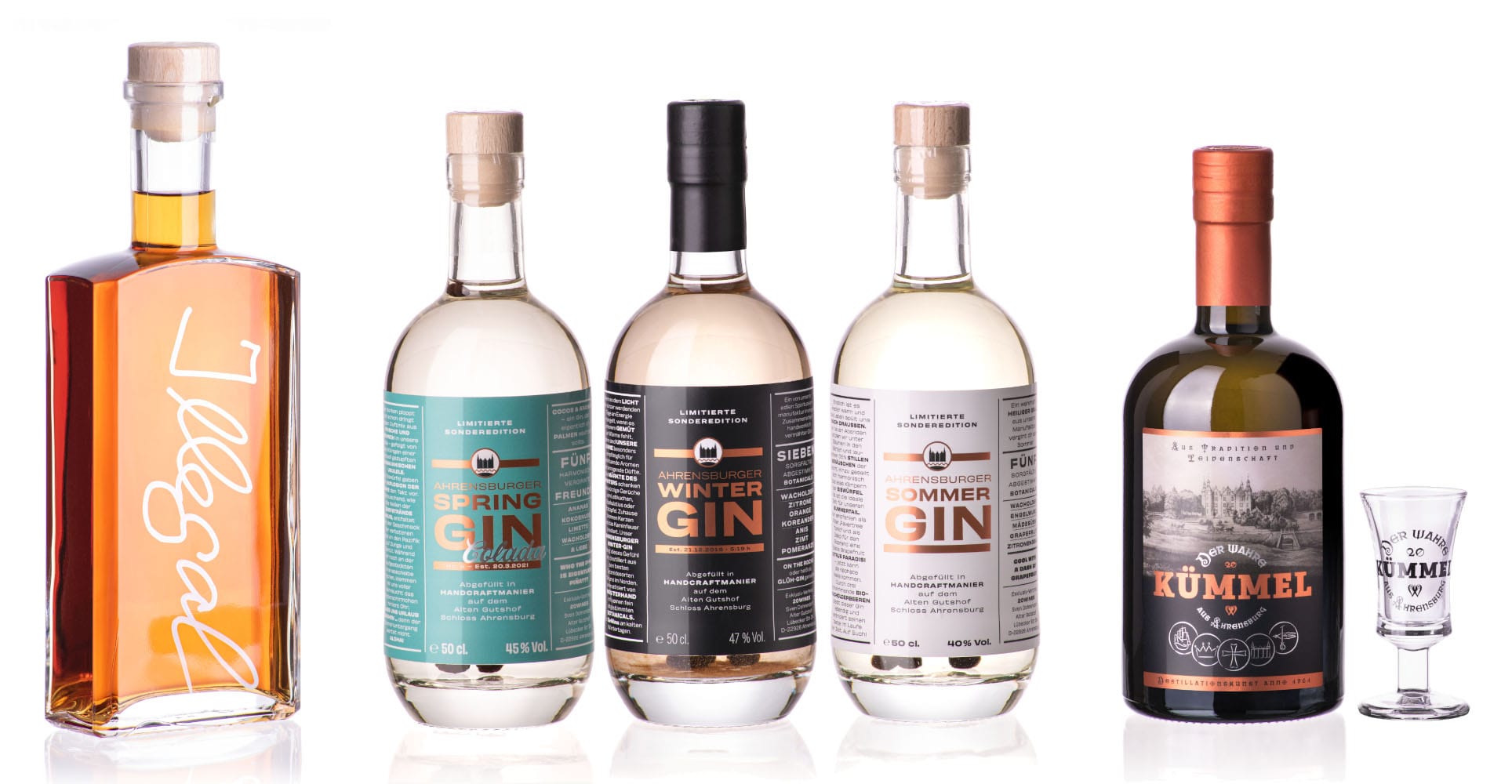 Illegal Rum, AHRENSBURGER SPRING GIN, AHRENSBURGER SOMMER GIN, AHRENSBURGER WINTER GIN, Der Wahre Kümmel Aus Ahrensburg mit Glas 2 cl