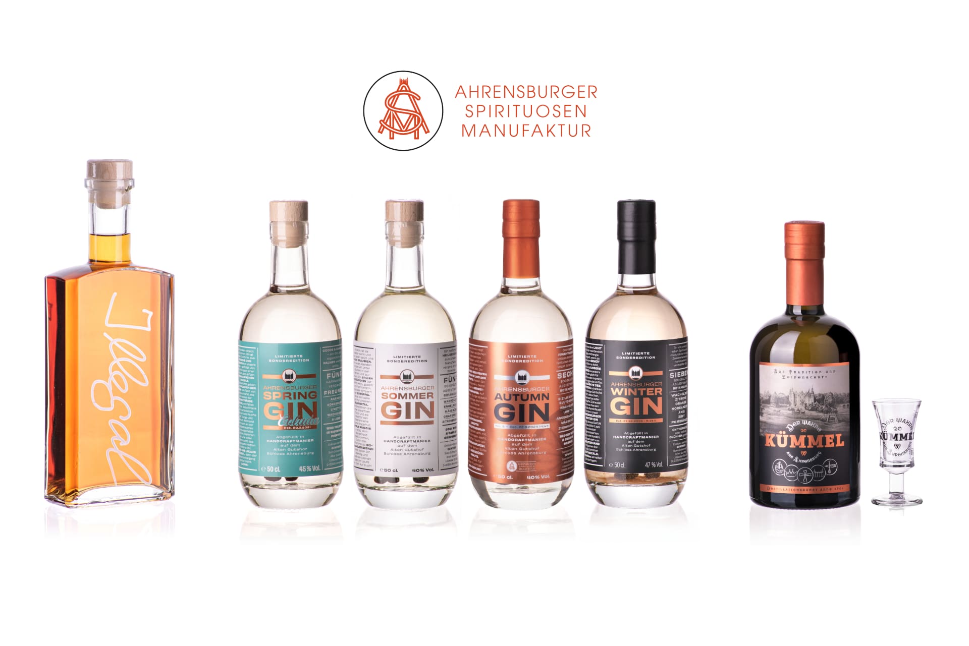 AHRENSBURGER SPIRITUOSEN MANUFAKTUR, GIN, Illegal Rum, Der Wahre Kümmel aus Ahrensburg, SPRING, SOMMER, AUTUMN, WINTER, BARREL